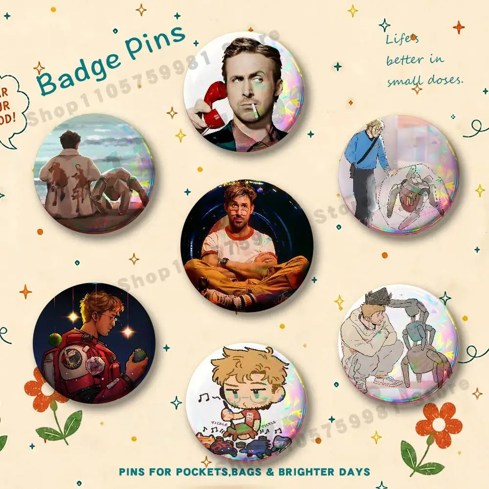 R-Ryan G-Gosling Cartoon Round Pins Cartoon Brooches Stylish Ornament Badge for Backpack Accessorys Gifts