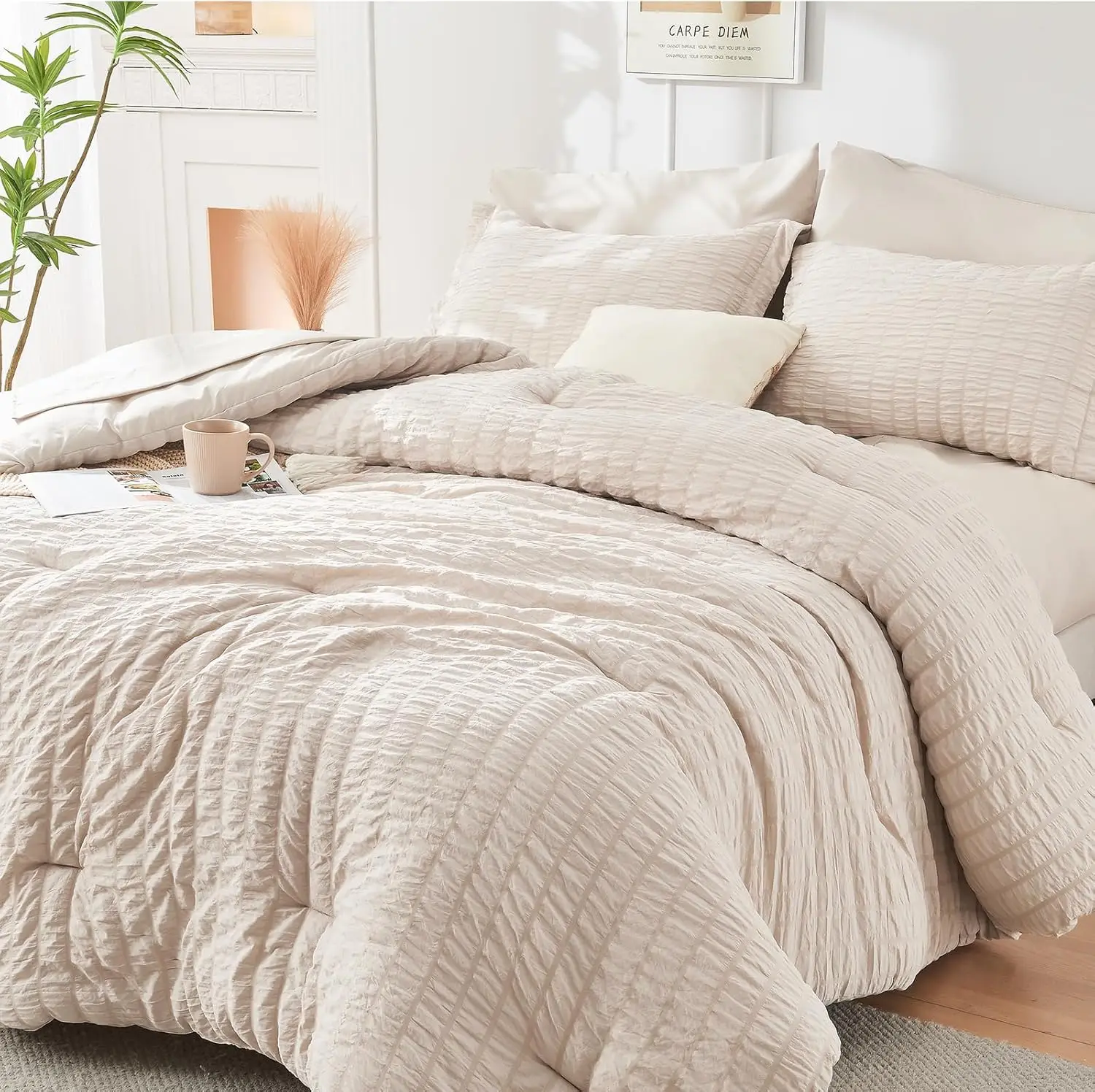 Beige Queen Comforter Set Seersucker 7 Pieces, All Season Luxury Bed in a Bag for Bedroom