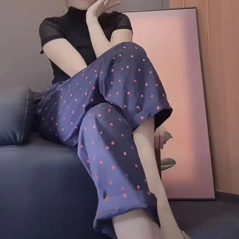 

Простые прямые брюки для женщин летом 202, дышащие прямые брюки с хлопковыми повседневными брюками в горошек