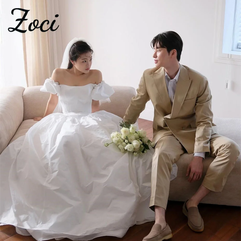 

Zoci Elegant Off Shoulder Korea Wedding Dresses Taffeta Short Sleeve Bride Gowns Photos Shoot Customized Corset Bridal Dress