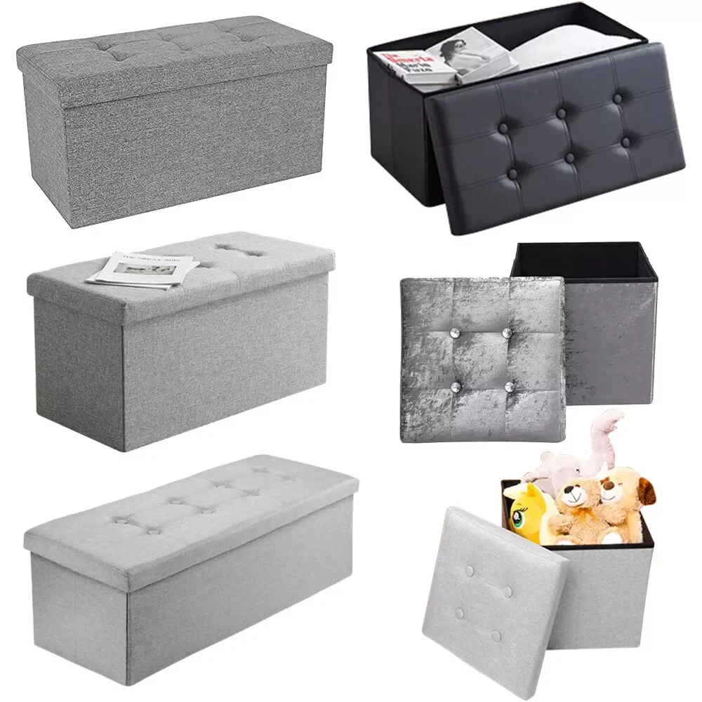 Storage box Foldable Ottoman Seat Toy Storage Box Foot Stool bench home stool A:Fabric - Light Gray