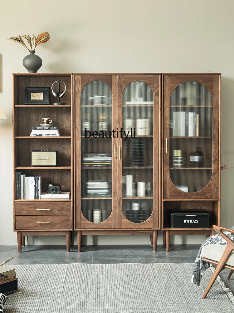 Solid Wood Combined Bookcase Full Wall Bookshelf Floor Display Cabinet Grid Cabinet Bookcase Glass Door