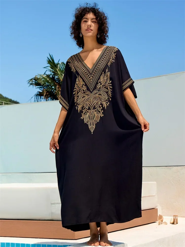 Chic Gold Thread ricamo Plus Size caftano nero con scollo a V abito 2024 donna Summer Beachwear costume da bagno Cover Up caftano allentato Q1685