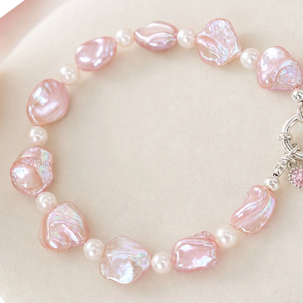 Pink Baroque Pearl Bracelet for Women Sweet Elegant Irregular Pearl Jewelry Adjustable Wrist Chain for Daily Wear Birthday Gift