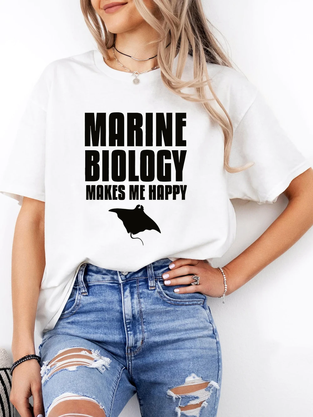 

Футболка с морской биологией Makes Me Happy с принтами, женские хлопковые летние топы, удобная футболка большого размера с круглым вырезом, повседневная женская одежда