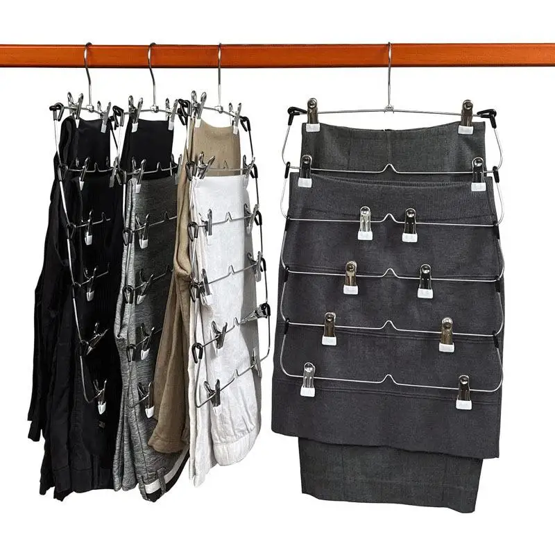 6 Tier Metal Pants Hanger With Clips SpaceSaving Durable Storage For Skirts And Trousers Black