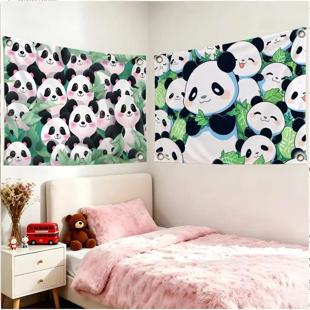 Adorable Bamboo Cute Cartoon Pandas Flags Borderless Four Ring Ornament Indoor Outdoor Decoration Quick Hang Install