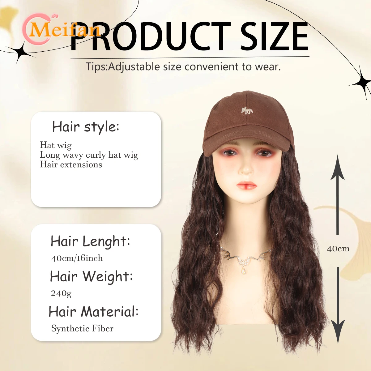 MEIFAN Hat Wig Synthetic Long Curly Wig With Baseball Hat For Women Beginners Heat Resistant Natural Fake Hairpiece Daily Wear