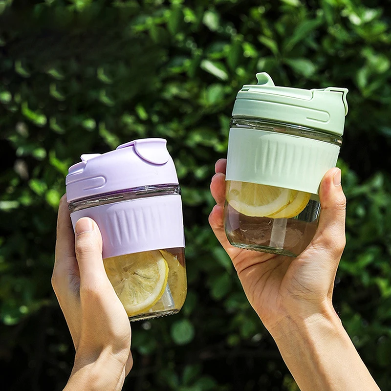 Portable 350/500ML Glass Water Bottle With Straw Coffee Mug Tea Cup Drinkware Leakproof Drinking Cup For Outdoor Travel
