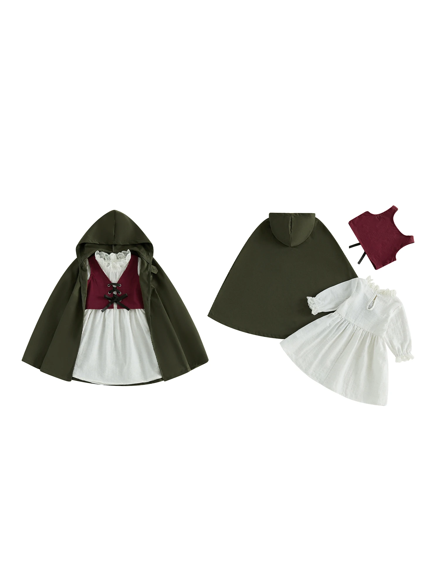 Sleeve Lace Trim Vest Woodland Kids Girls Halloween Costume Cloak Woodland Long Medieval Durable