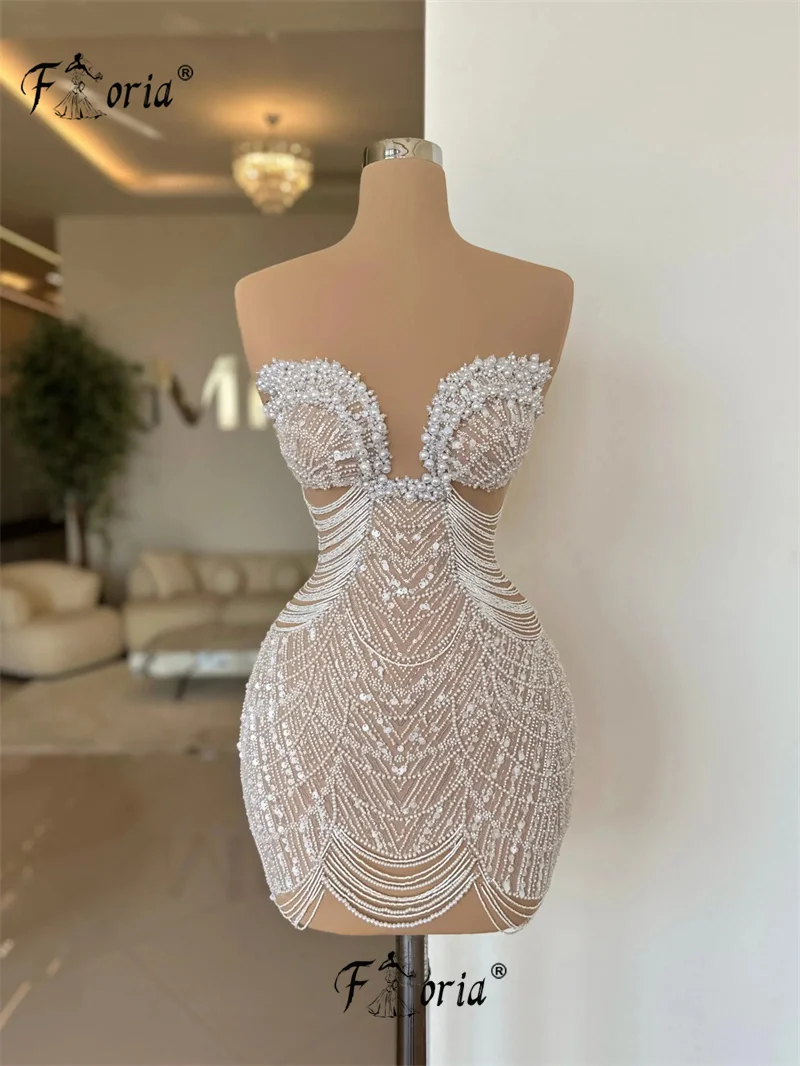 

Sheer Pearls Cocktail Dress with Tassel Fringes Ivory Sequin Beaded Short Prom Dresses vestidos de gala Graduation Homecoming