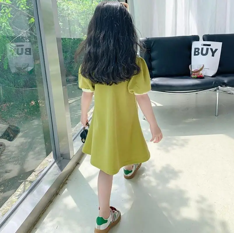 2024 New Children\'s Dress Korean Edition Girls\' Summer Bubble Sleeves Flip Collar Love Dress 1-10 Year Old Casual Princess Dress