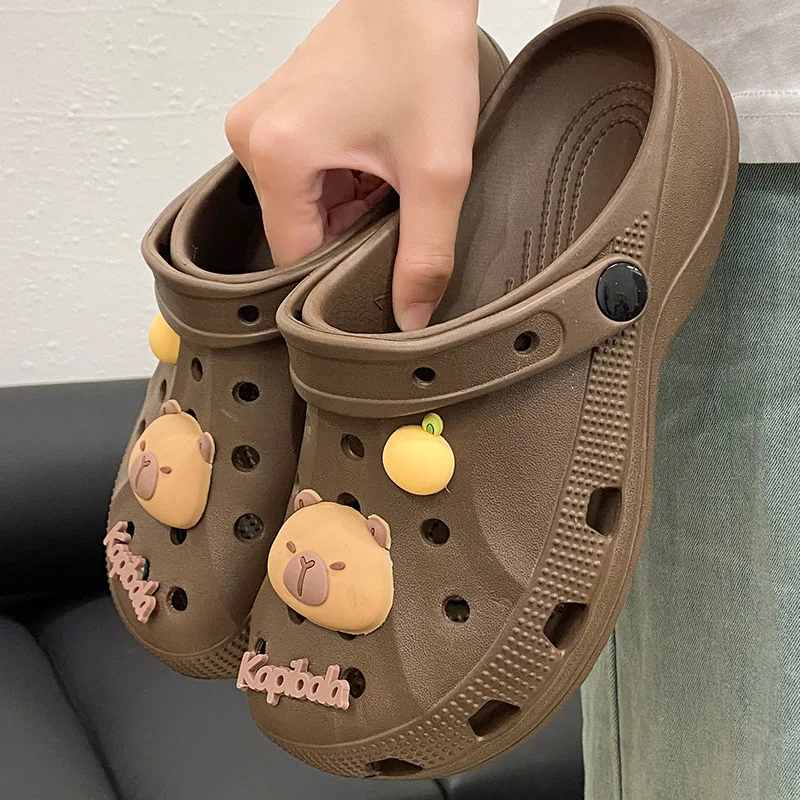 Sandálias Hole Shoes, Estilo Blogueira, Moda Feminina, Estilo Estudantil com Desenhos Animados, Uso Multifuncional, Sandálias com Detalhe de Bolsa, Calçados Masculinos de Praia