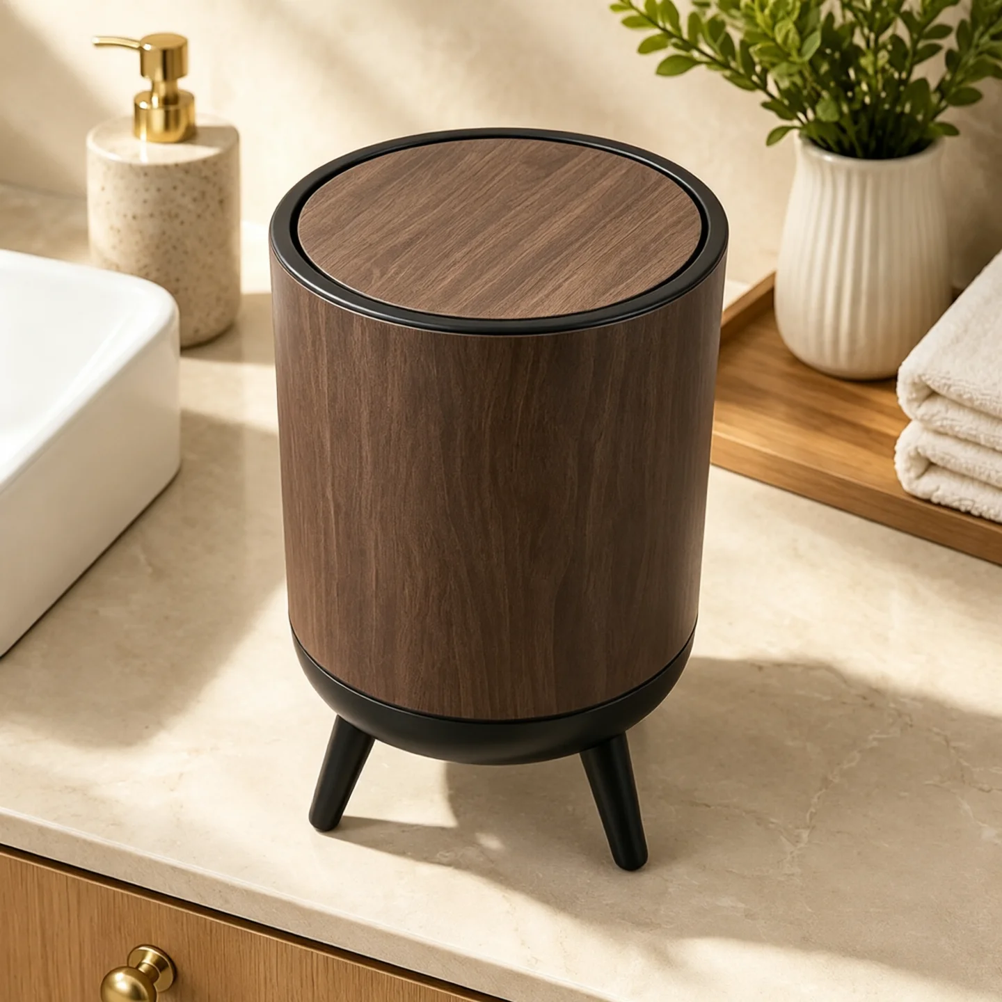 Mid‑Century Modern Swing‑Lid Waste Bin, Decorative Round Garbage Can with Elevated Legs & Removable Inner Bucket for Home Bathroom Bedroom