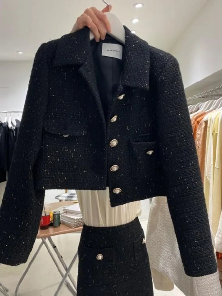 2025 Autumn Korean Version Chic Elegant Casual Female Jacket Button Lapel Collar Pocket Long Sleeve Simple Short Coats