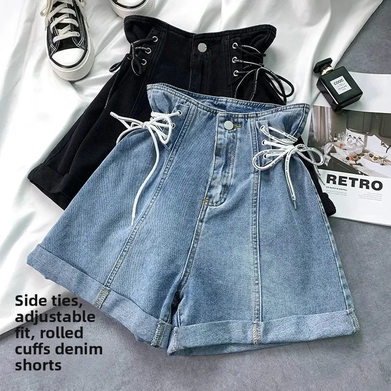 Venda quente de verão da temporada cintura alta perna larga jeans calças curtas femininas algodão jeans roll up design picante menina estilo coreano...