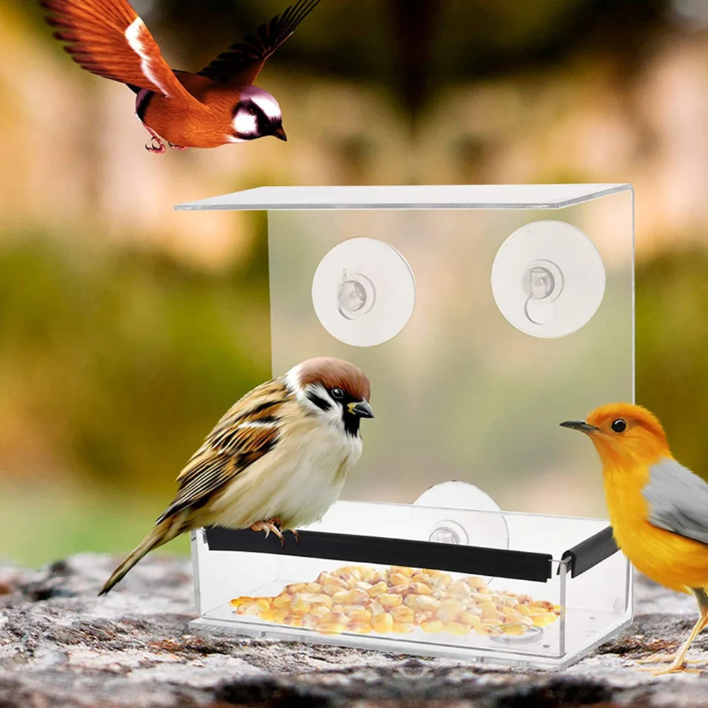 

Hanging Bird Feeder Transparent Acrylic Food Container Weatherproof Reusable Feeding Box for Garden Wall Mounting with