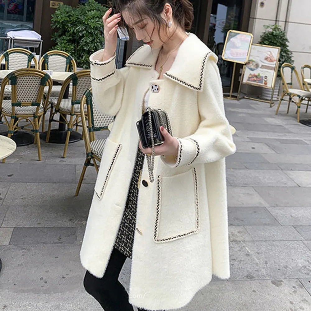 

Women Winter Jacket 2023 Fashion Lapel Row Button Loose Warm Trench Coats Sailor Collar Clothing Wool Blends Tops Free Shipping