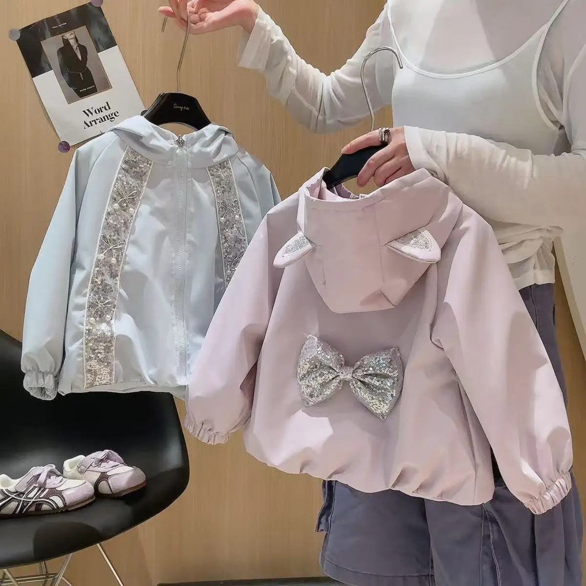 Girls Hooded Jacket Sparkling Zipper Design Spring Autumn Fashionable Children's Coat Outerwear