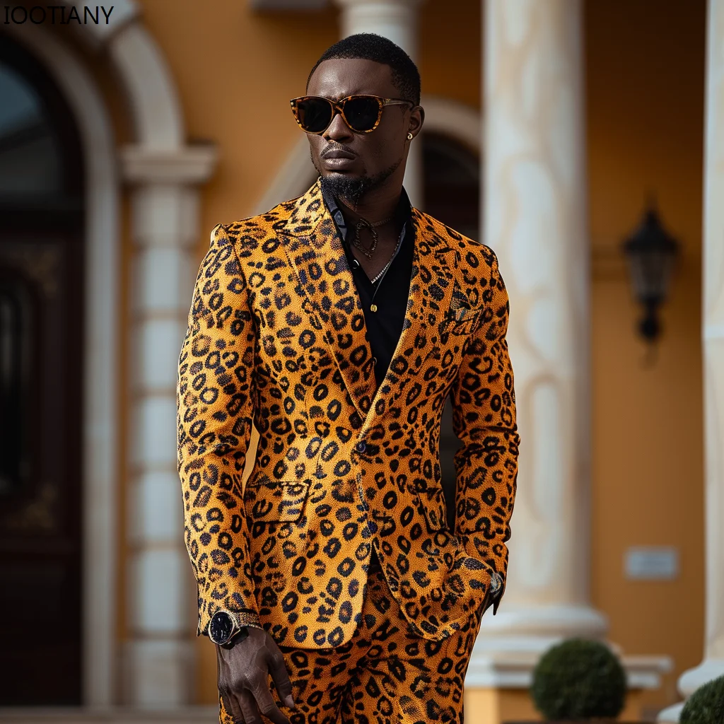 New Men\'s Leopard 3D Printed Suit American Slim Men\'s Suits Casual Party Leopard Pattern Outfit Nightclub Cool Performance Set