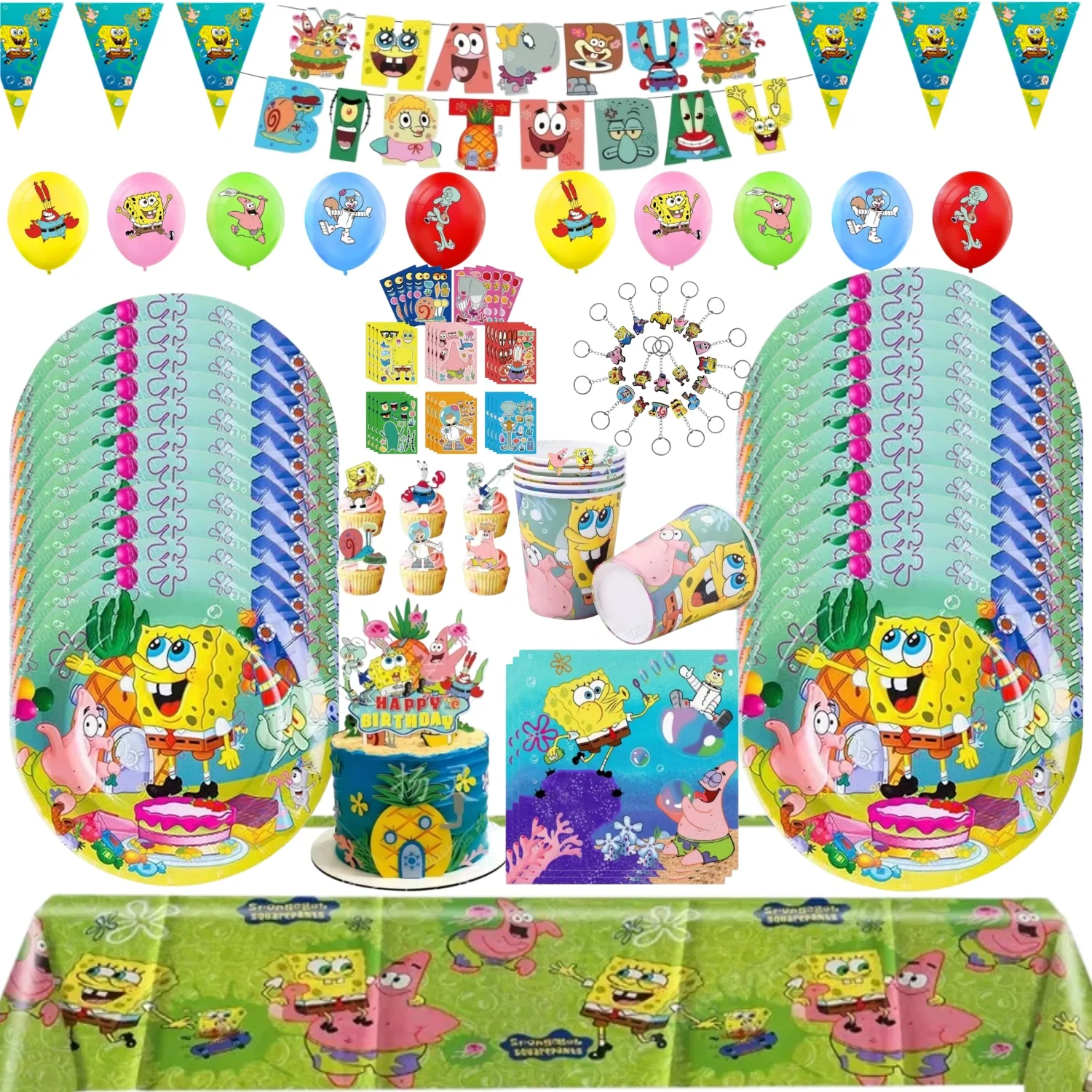 Cartoon SpongeBob Themen-Geburtstagsparty Dekoration Ballons Tischware Maske Flagge Süßigkeitenbox Rucksack Baby-Shower-Party Zubehör