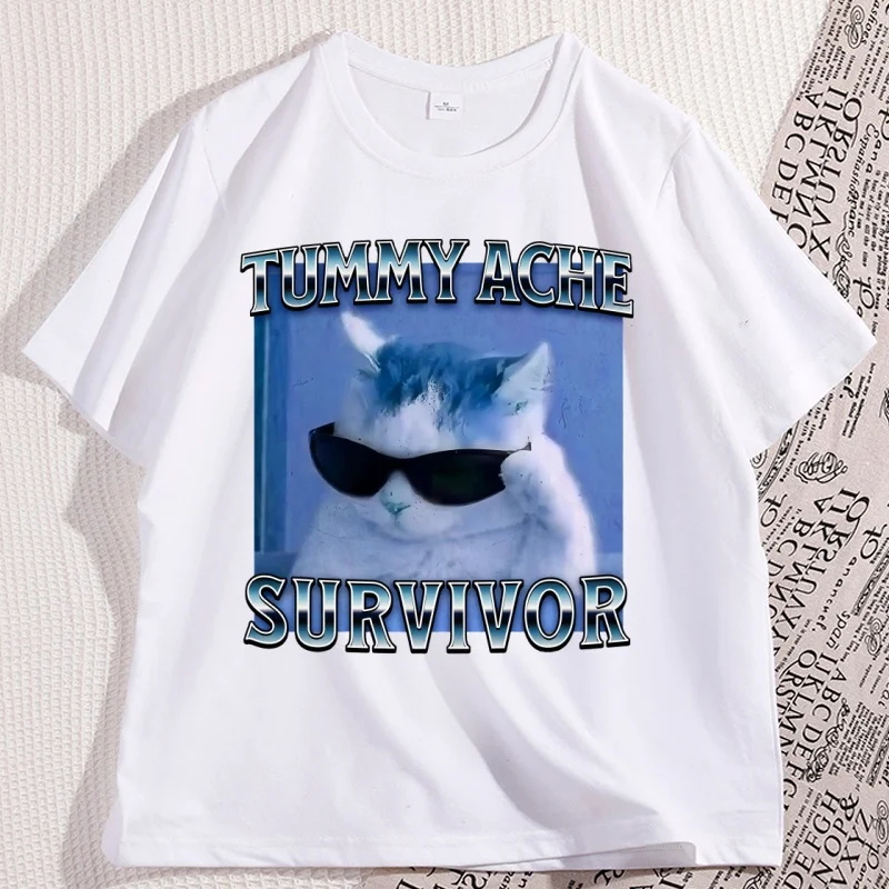 

Tummy Ache Survivor Funny Cat Meme T-shirt Man Woman Goofy Ahh Cats Tee Shirt Trendy Short Sleeve Silly Stupid Cat Tees Clothes