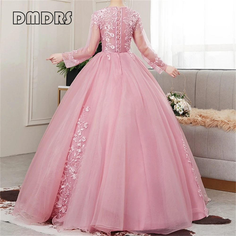 Romantisches rosa formelles Tüllkleid für Damen mit floralen Spitzenapplikationen, Ballkleid, süßes 15-16-Kleid, Party-Abschlussballkleid