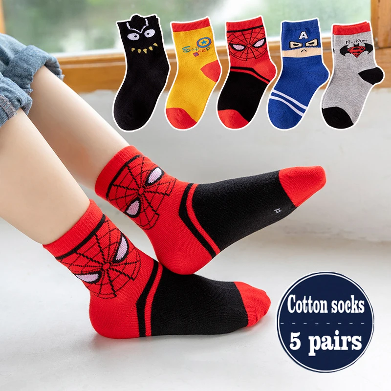 5Pair/bag New Children Cute Cartoon Soft Socks Kids Spider Man Fashion Medium tube socks Boys Girls cotton socks 1-12Years