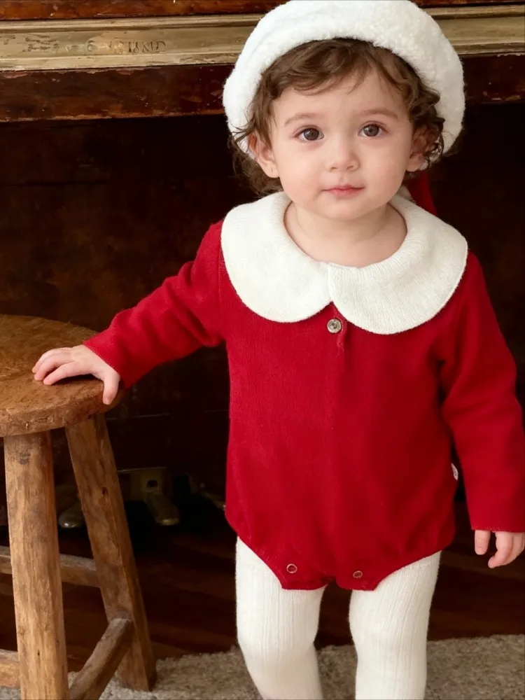 ملابس عيد الميلاد الاحتفالية باللون الأحمر للخريف والشتاء الكورية للأولاد والبنات ملابس مخملية للأطفال بدلة زحف عصرية مع قبعات عيد الميلاد #2