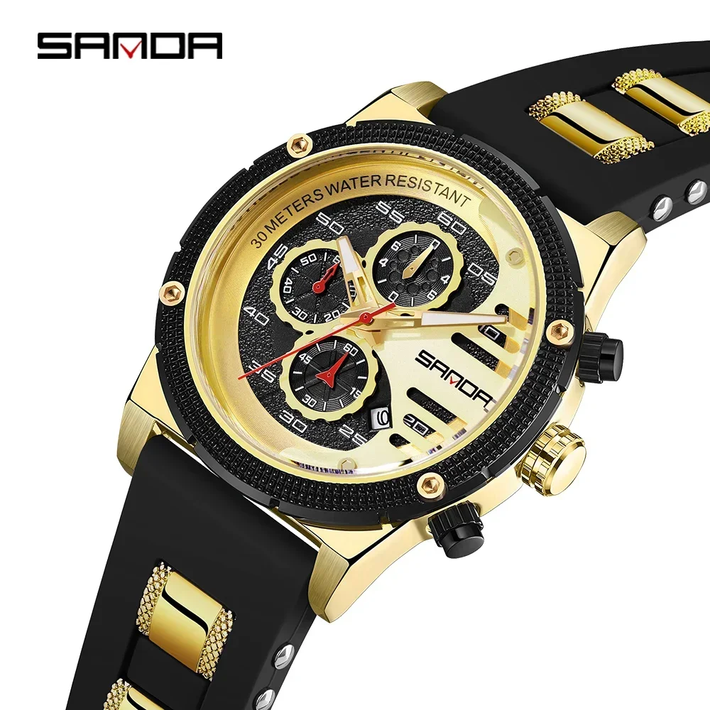 SANDA 5508 Leisure Fashion Innovate Quartz Wristwatch Waterproof Stopwatch Hollowed Round Dial Design Date Luminous Men Watch