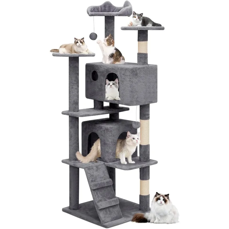 

60 Inch Cat Tree with 2 Cat Condo, Scratching Post, Climbing Tower, for Indoor Cats