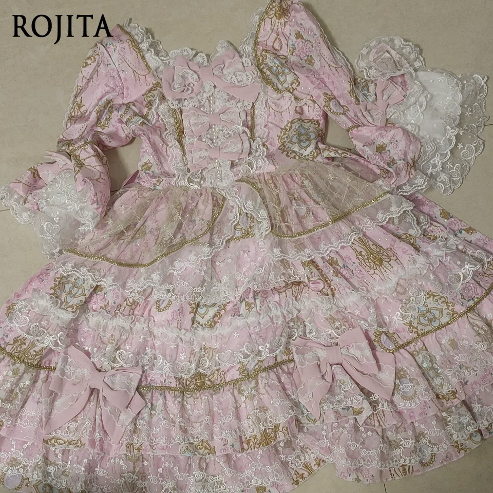 

Women Dress Pink Long Sleeve OP Dress for Women Autumn New Original Design Lolita Sweet Lace Bell Sleeve Tiered Dress