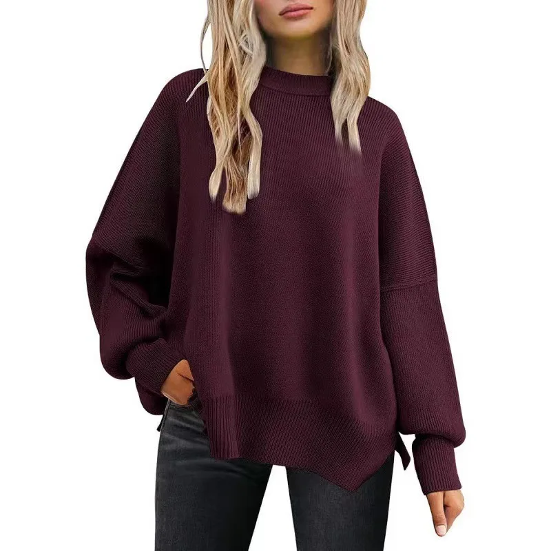 European and American Style Women round Neck Batwing Long Sleeve Sweater 2024Autumn Knitted Side Slit Pullover