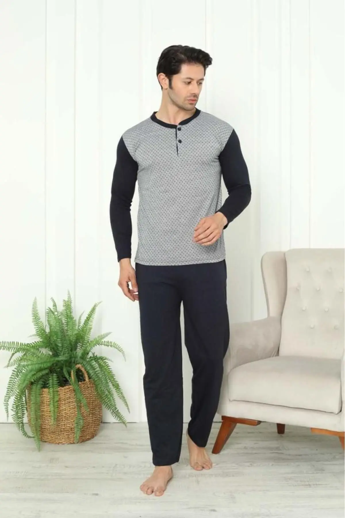 Cotton Combed Jacquard Long Sleeve Men's Pajama Set