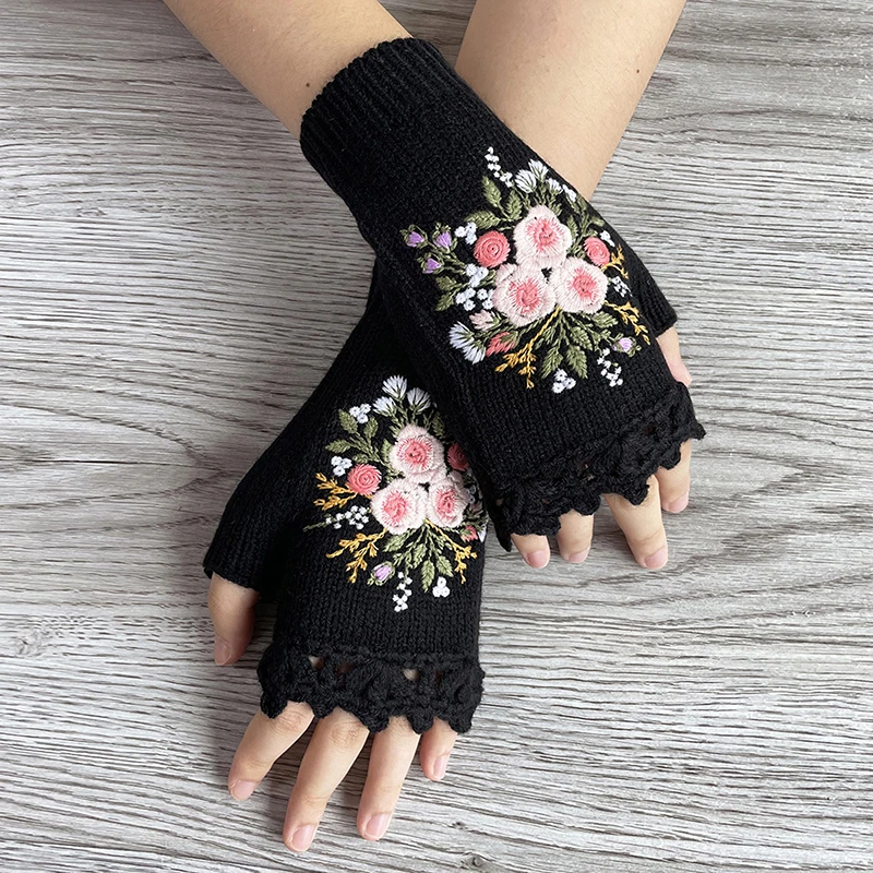 Women Wrist Arm Warmers Winter Warm Knit Fingerless Gloves with Embroidered Flowers Thumb Hole Mittens Casual Outwear