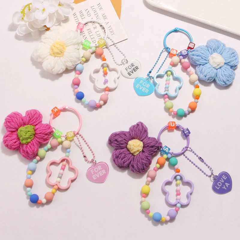 Cartoon Wool Knitted Flowers Key Chains Beaded Wristlet Lanyard Bracelet Keyring For Women Girl Bag Pendant Charms Keychain Gift