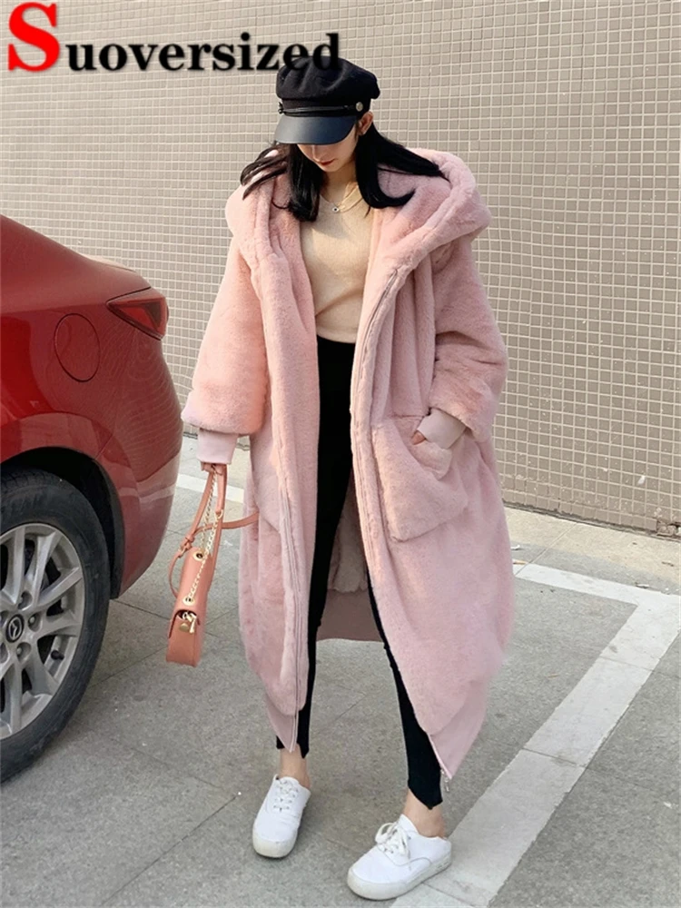 

Hooded Thicken Faux Rabbit Fur Overcoats Korean Winter Warm Mid-length Coats High Quality Plush Chaquetas Women Furry Jackets