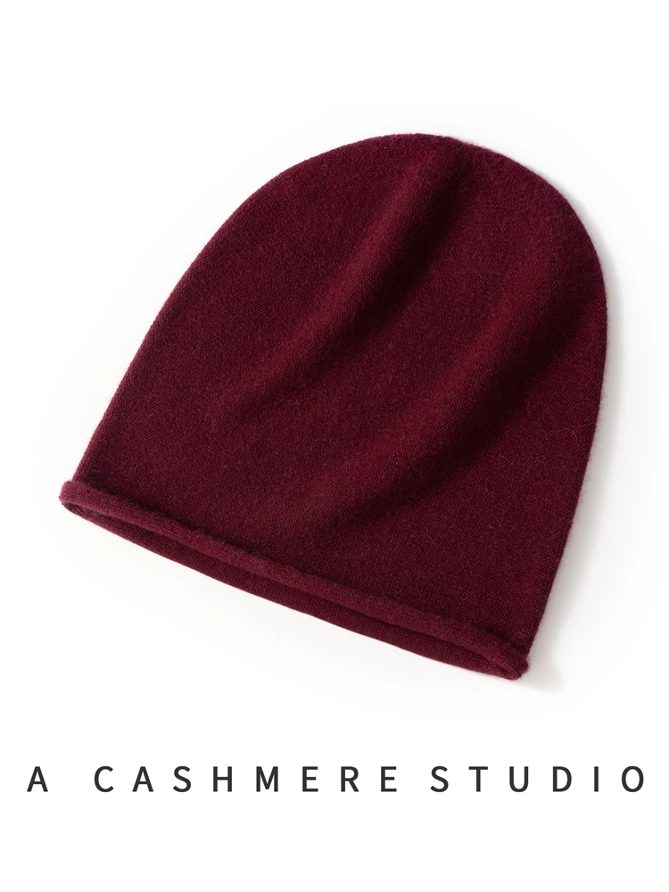 

Autumn Winter Unisex 100% Cashmere Hat Curled Edge Cap Men Women Warm Knitted Beanie Hat Solid Classic Simple Pure Cashmere Hat
