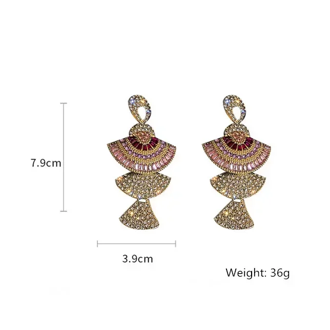 Vintage Baroque Style Geometric Drop Earrings Women Pink Crystal Sector Dangle Earrings Banquet Jewelry Accessories