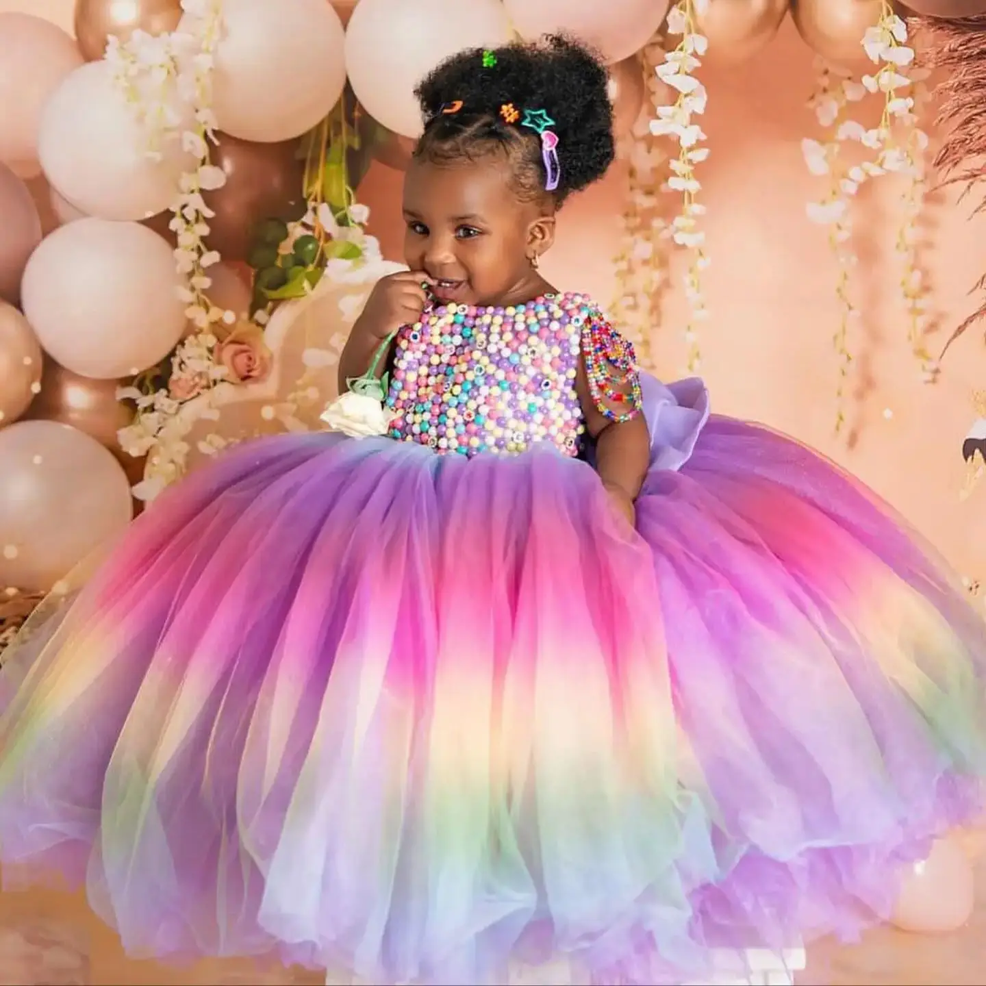 Colorful Beaded Flower Girl Dress Rainbow Tulle Skirt Ball Gowns African Child Birthday Party Dress