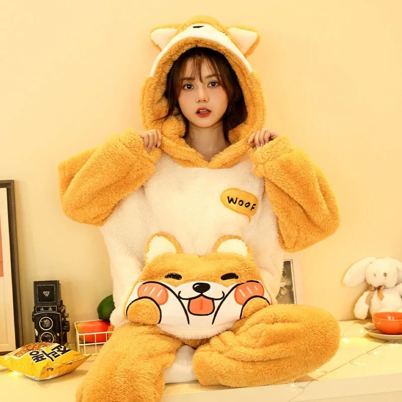 Women Pajamas Set Winter Warm Sleepwear Cute Bear Ears Hooded Pyjama Flannel Nightwear For Young Girls Home Clothing Sweet Suits