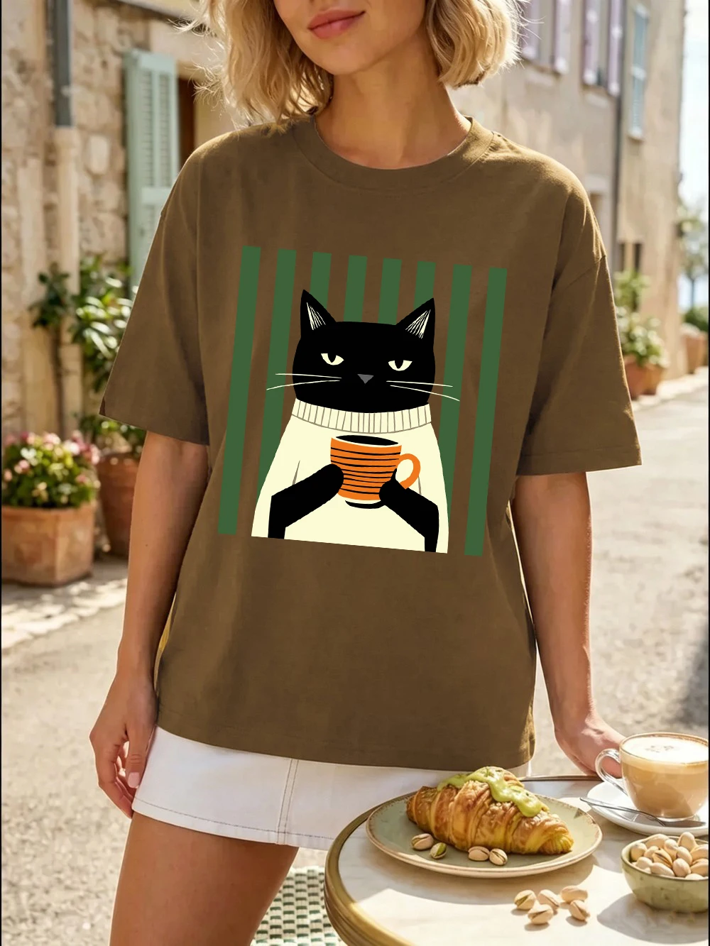 Schwarze Katze Kaffeetassen-Druck Baumwoll-T-Shirts Damen Sommer Oversized Tops Lässige Weiche Kurzarm-T-Shirts Basic O-Ausschnitt Kleidung – Detail 30