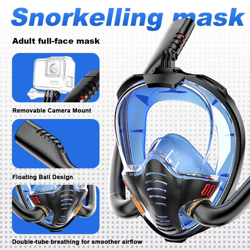 

Маска для подводного плавания для взрослых с двумя трубками — противотуманное и герметичное, с широким воротом, комфортное дыхание, дизайн всего лица, семейное снаряжение для дайвинга