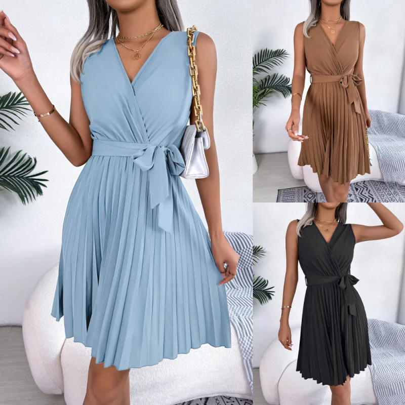 

2024 New Spring and Summer Beach Casual Temperament Women's Clothing CrossVCollar Sleeveless Cinched Pleated Lace-up Dress