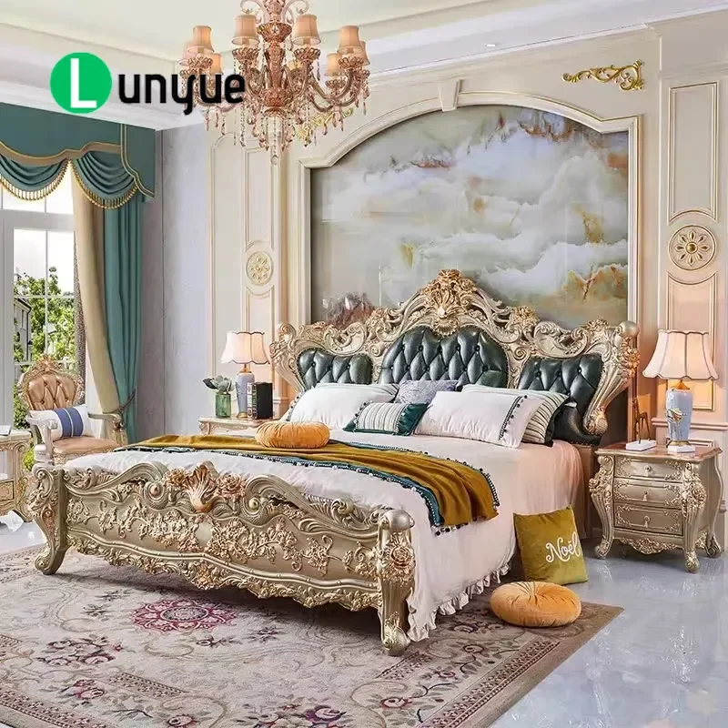 Luxury European Style Genuine Leather Upholstered Bed Frame Solid Wood Platform Bed Durable Master Bedroom Furniture Modern