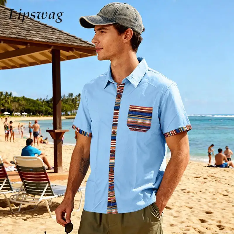 

Винтажные мужские рубашки с контрастными вставками, летняя новинка 2026, повседневная рубашка в стиле бохо с принтом, стильный кардиган-топ в стиле пэчворк для мужчин