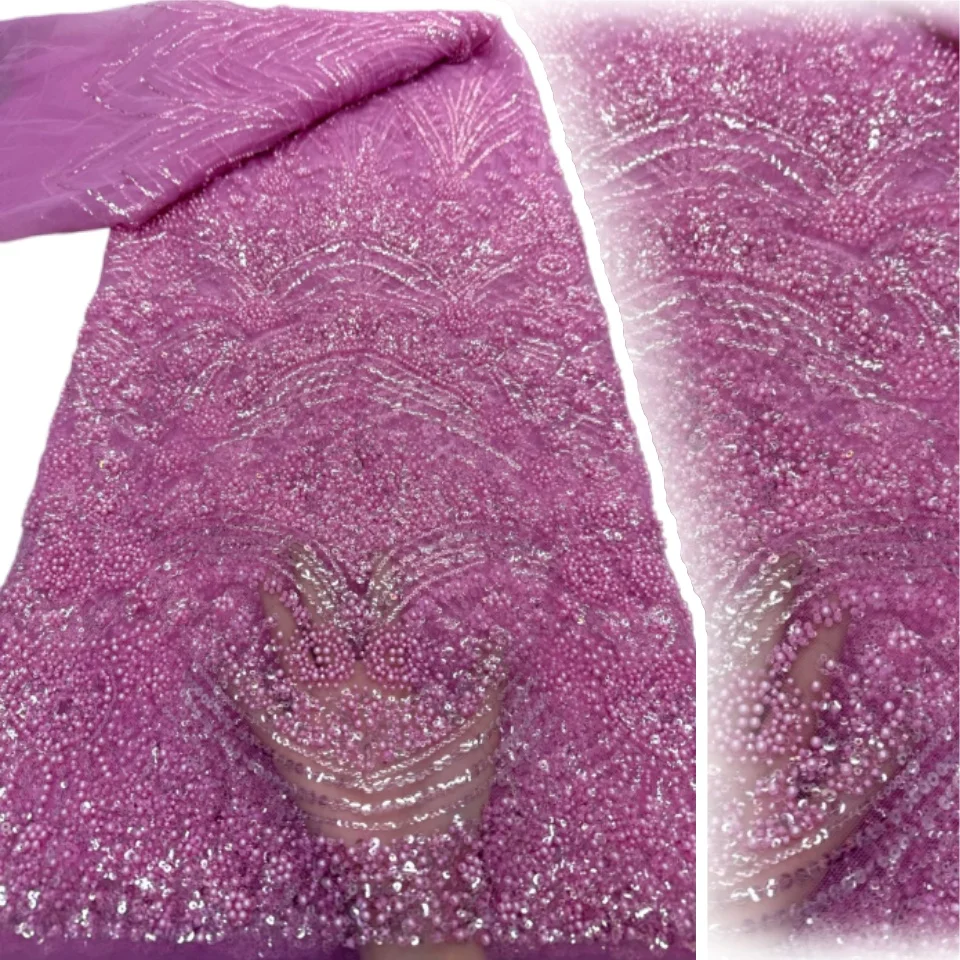 

Роскошная французская кружевная ткань ручной вышивки бисером 2026, 5 ярдов, африканская нигерийская ткань с пайетками для свадебных и праздничных платьев 2350