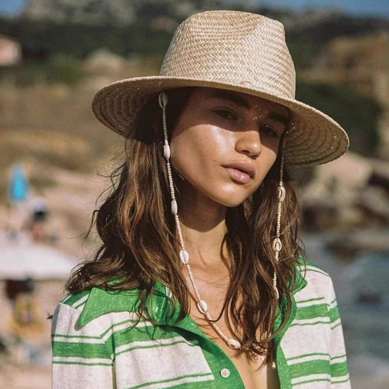 Summer Panama Hats for Women Sun Hat with Long Shell Conch Chain Straw Hats Vintage Style Fedora Female Outdoor Travel Beach Hat