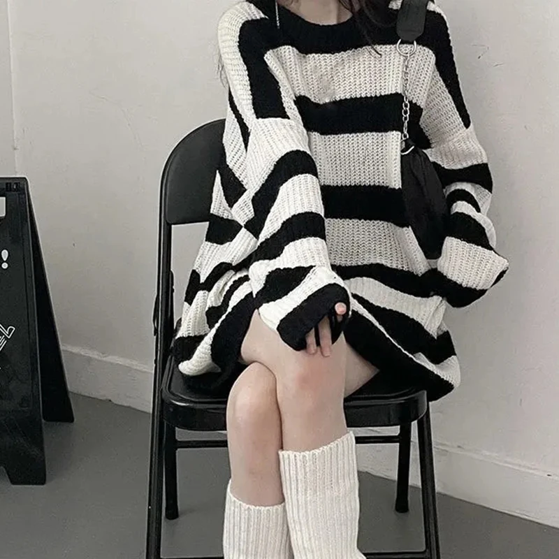 Gidyq Women Knitted Sweater Autumn Casual Stripe Loose Long Sleeve Tops Korean Y2K Female Streetwear All Match Jumper New