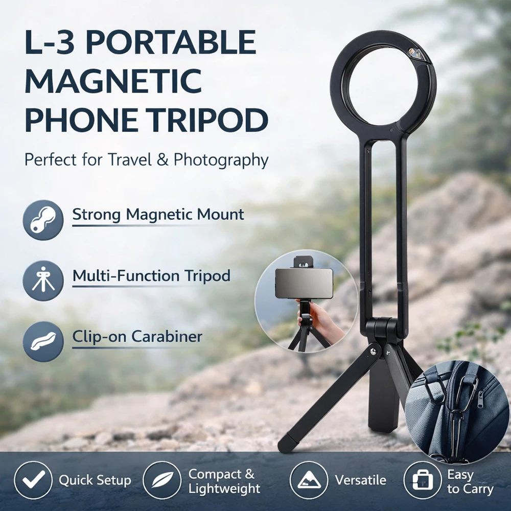 

L-3 Portable Magnetic Phone Stand, Foldable Multifunction Tripod with Hook for Travel, Outdoor Photography, Live Streaming